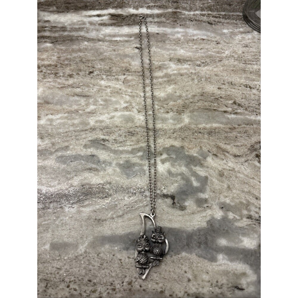 Pewter Colored Dimensional  Lady & Man Owl Pendant Chain Necklace